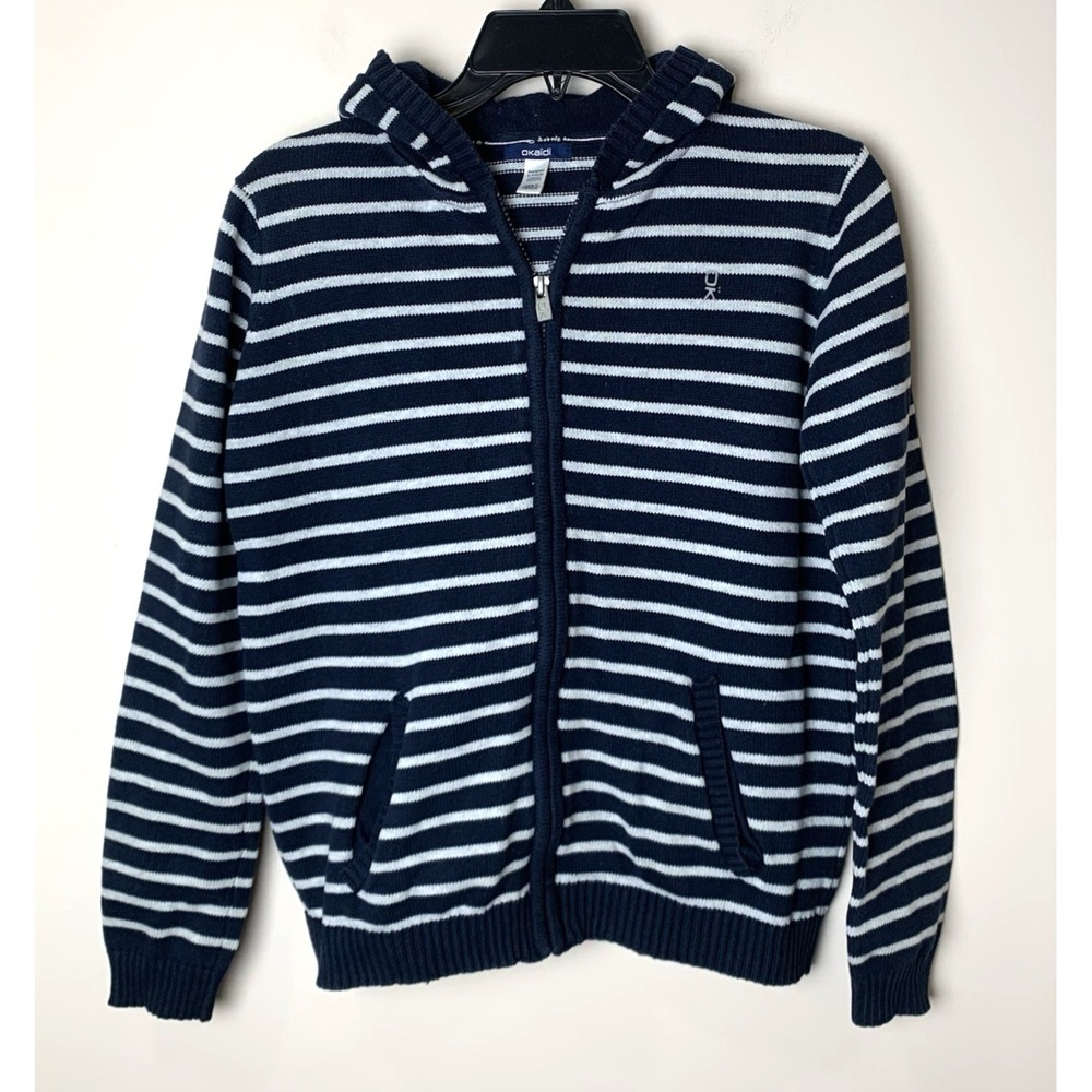Okaidi Zip Up Hoodie Sweater Youth Boys Size 14 Blue White Stripe Cotton Blend